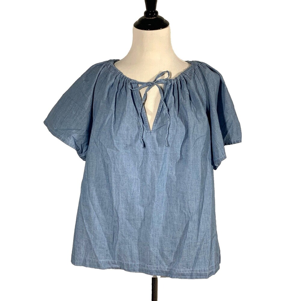J.Crew Chambray Tie Neck Top L NWT Boho Peasant Blouse